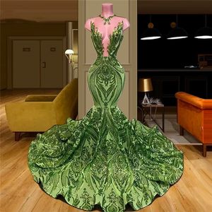 Sequins hunter Green Evening Dresses Mermaid Custom Made lace applique Dubai Vestido De Gala 2021 Turkish trumpet Prom Dress For Saudi Arabia