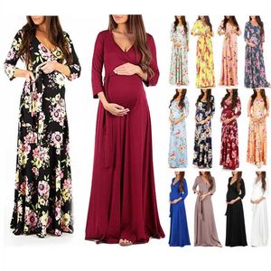 Maternity långa klänningar för gravida kvinnor avslappnad blomma tryck 3/4 ärm v-hals maxi wrap lång klänning graviditet kläder vestidos Q0713