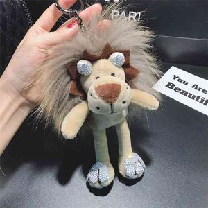 Cartoon Chains Animal Lion Doll With Real Fluffy Fur Keyrings Luxury Crystal For Girl's Schoolbag Pendant Female Car Keychains