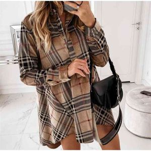 Sommer Frauen Hemd Kleid Plaid Oversize Damen Kurze Kleider Unregelmäßige Lange-hülse Überprüfen Taste Lose Beiläufige Weibliche Vestido 210518