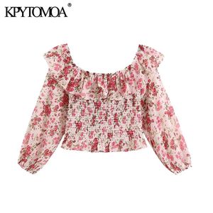 Women Fashion Floral Print Ruffled Cropped Blouses Wide O Neck Smocked Female Shirts Blusas Chic Tops 210420