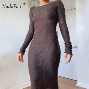 Nadafair Sonbahar Uzun Kollu Örme Kazak Elbise Kahverengi Bodycon Seksi Kalem Vestidos Kulübü Kıyafet Kılıf Rahat Kış Maxi Elbise Y1006