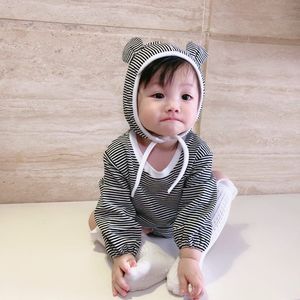 Wiosna Jesień Niemowlę Dzieci Bawełniane Paski Długi Rękaw Body Z Cute Little Ear Hat Koreański Styl Stroje 210508