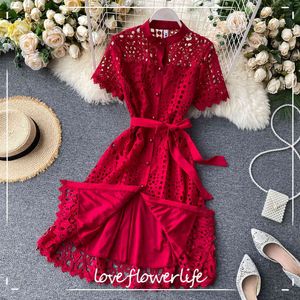 LoveFlowerLife Solid Lace Evening Party Dress Solid Bandage Hollow Out Sexy Fashion Women Dress Bow High Waist Summer Dresses 210521