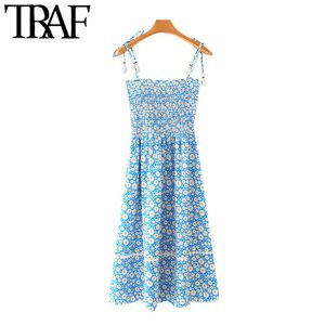 TRAF Women Chic Fashion Floral Print Elastico Smocked Midi Dress Vintage Patchwork Nappa Legata Cinghie Abiti Femminili 210415