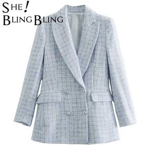 Shingbling Za Light Blue Women Chic Double Breasted Blazers Coat Kvinnor OuterWear Office Lady Jacket Plaid Suit Workwear 211019