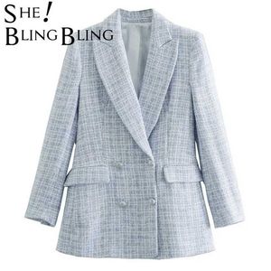 SheBlingBling Za Light Blue Women Chic Double Breasted Blazers Coat Female Outerwear Office Lady Jacket Plaid Suit Workwear 211019