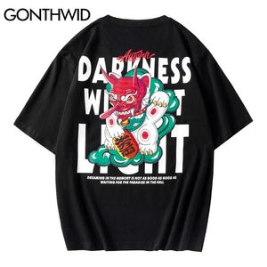 Tshirts Men Hip Hop Casual Streetwear Cartoon Devil Print Kortärmad Bomull T-shirts Loose Fashion Harajuku Tees Toppar 210602