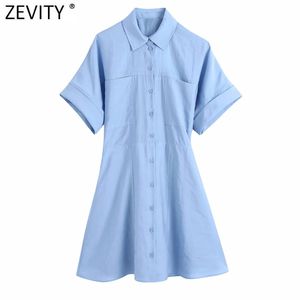 ZEVITY Women Fashion Pocket Patch Solid Color Casual Slim Shirt Dress Office Lady Elastic Waist Breasted Business Vestido DS8324 210419