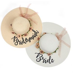 Brand Beach Wedding Brud Floppy Flowers Sun Hats smekmånad Smaid Maid of Honor Bridal Shower Party Summer Straw Hat Wide Brim198L