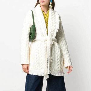 Inspired white cashmere luxury brand cardigan women belted tied long sleeve warm thick cardigan sweaters women winter 210412
