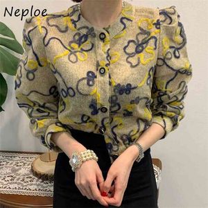 O-neck Chic Panelled Pattern Slim Waist Sweater Autumn Puff Sleeve Coat Retro Exquisite Single-breasted Cardigan 210422