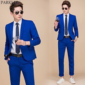 メンズロイヤルブルーワンボタン2ピーススーツ（ジャケット+パンツ）ブランドウェディンググルーミングファッションスリムフィットスーツメンコスチュームホム210522