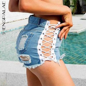 Calças de brim curtas das mulheres do verão Nightclub sexy alta cintura buraco bandage denim shorts feminino maré 5c534 210427