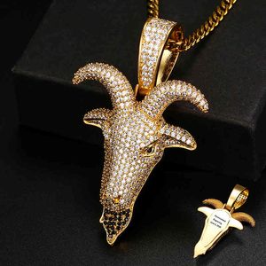 Iced Out Bling Trendy Goat Animal Goat Head Pendant Necklace Charms Men Women Cubic Zirconia Pendant Hip Hop Jewelry Gifts X0509