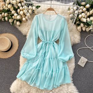 Singreiny Women Chiffon Floral Dress Korean Puff Sleeve O Neck A-Line Ruffles Klänningar Vår Bohemian Print Vacation Short Dress 210419