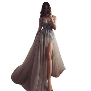 Beading Prom vestidos de baile longo 2021 v pescoço cinza claro alta divisão tule trem varredura sem mangas vestido de noite sem costas