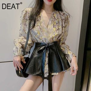 [Deat] verão moda tops cinto em v-pescoço de manga comprida impressão solta temperamento elegante mulheres camisa 13q004 210527