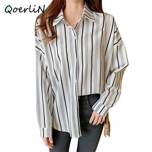 2XL Korean Large Size Vertical Striped Shirt Women Spring Autumn Retro Long Sleeve Work Elegant OL Blusa Plus 210601