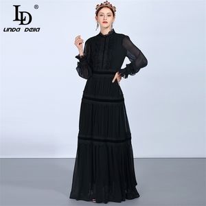 LD LINDA DELLA Fashion Runway Maxi Dresse Langarm Spitze Patchwork Rüschen Vintage Schwarz Elegante Party 210623