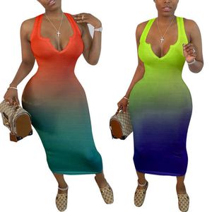 2022 Women Gradient Color Sexy Dress Designer Camisole V Neck Sleeveless Bodycon Dresses Womens Summer Designers Clothes