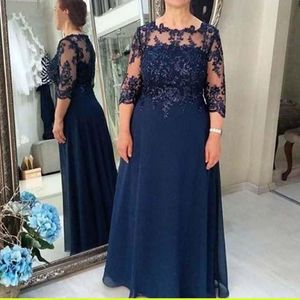 Elegancka Szyfonowa Matka Suknie Panny Młodej Plus Size 3/4 Rękawy Aplikacje Koronkowa Matka Sukienka Formalne Wieczorowe Suknie Party