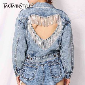 Patchwork Tassel Diamond Denim Jacket For Women Lapel Long Sleeve Hollow Out Casual Jackets Female Fashion 210524