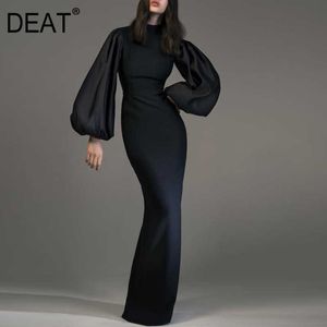 [Deat] İlkbahar Yaz Moda Stand-up Yaka Yüksek Bel Kat Uzunlukta Siyah Kalite Elbise Kadınlar 13D122 210527