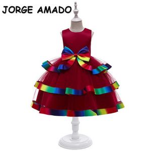 Summer Teenager Girls Dresses Sleeveless Bow Formal Rainbow Dress for Party Wedding Piano Perform Kids Clothes E5220 210610