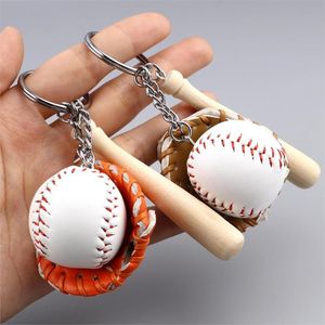 Nyckelringar Mini Tre-Piece Baseball Glove Träbat Keychain Sportbil Key Chain Ring Gift för Man Kvinnor Män 11cm, 1 stycke