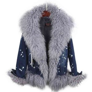 Natural wool lined with luxurious fur collar denim coat winter casual warm fashion short jacket 210923