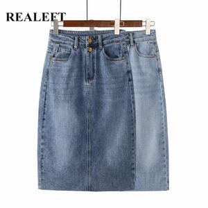 ReaLeft Primavera Verão Vintage Saia Denim Saia Denim High Wasit Jeans Straight Feminino A-Linha Lápis Voltar Split 210629