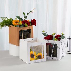 Creative Window Portable Presentväska Vit Borwn Marbling Paper Bag Kläder Allmän Flower Present Handväska Partihandel