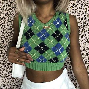 argyle sweater vest crop top women sleeveless knitted pullovers casual streetstyle short club party 210427
