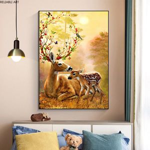 ノルディックポスター動物の肖像画アートクアッドロスプリント鹿の木の風景壁の装飾キャンバス絵画の家の装飾