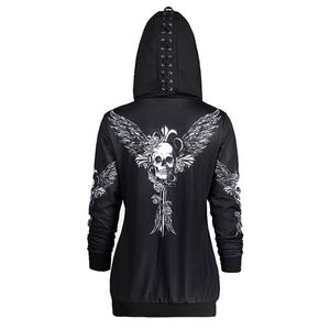 Rosetic Gothic Skull Hooded Hoodie Halloween Coat Fashion Zipper Fitness Streetwear Cool Girls Black Hoodie Sweatshirt 210809