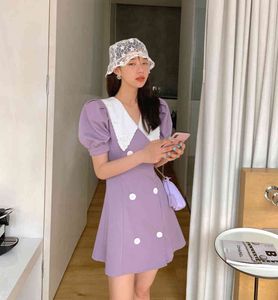 Summer Purple Kawaii Women's Sundress Mini Dress Robe Double-Breasted Suit Collar Short-Sleeved Dresses Sukienka 210514