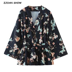 Bohemian Women Black Flower Print Kimono Shirt Holiday Beach Tide Bow Sashes Mid Long Cardigan Chiffon Blouse Boho Toppar 210429