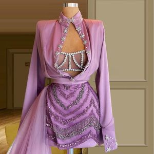 Party Dresses Sparkly Crystal Beaded Cocktail Dress With Train Purple Long Sleeve Blouse And Short Skirt Fashion Celebrity Prom