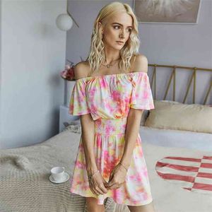 Lato Sexy Kobiety Off Ramię Party Rainbow Drukuj Glamorous Mini Dress Tie Dye Lotus Leaf Sleeve Beach Vestidos 210517