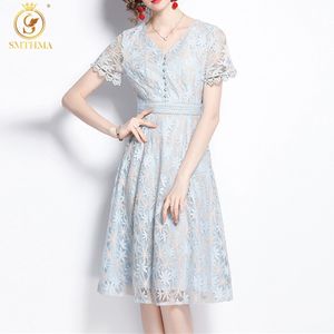 Lace Hollow Out Summer Dress Women Short Sleeve Sexy V-Neck Single-Breasted Elegant Dresses Vestidos 210520