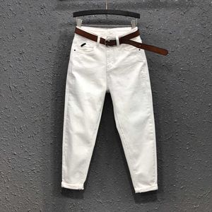 Stretch White High Waist Jean Wiosna Jesień Harajuku Luźne Casual Cargo Spodnie Cienkie Daddy Harerem 210531