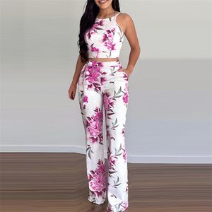 Fashion Two Piece Set Casual Wear Suits Outfit Floral Print Sleeveless Crop Top & High Waist Pants 210423