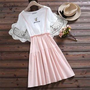 日本の森ガール刺繍シンプルな女性のドレスファッションスウィートかわいいピンクネイビーファーマードレスの偽のツーピースカジュアルな服210520