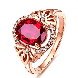 Fashion flower 3 red crystal ruby gemstones diamonds rings for women rose gold color jewelry bague bijoux party gifts