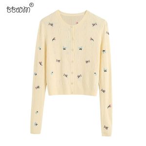 Women Sweet Fashion Floral Embroidery Short Cardigan Vintage Long Sleeve Single Breasted Sweater Coat Girls Chic Outerwear 210520