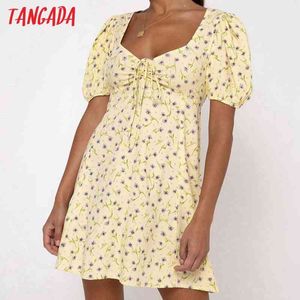 Summer Women Yellow Flowers Print Pleated Square Neck Short Sleeve Ladies Mini Dress 8M2 210416