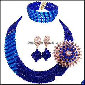 Kolczyki Naszyjnik Zestawy Biżuterii Moda Royal Blue and Lake Costume African Koraliki Zestaw Nigeryjczyk Ślub Crystal Bridal 5Jz07 Drop Dostawa 2