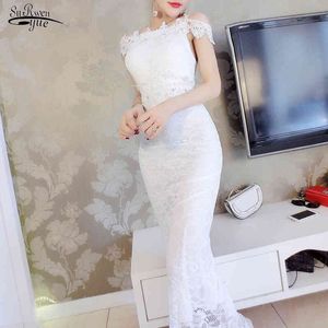 Letnia Koronka Długa Sukienka Dla Kobiet Elegancka White Wedding Party Slash Neck Trumpet Ladies Bodycon Vestidos 9401 210521