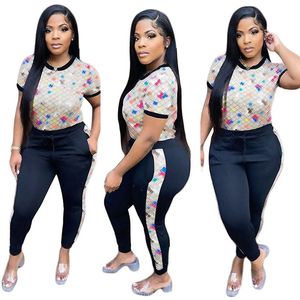 Summre Roupas Mulheres Outwords Plus Size 2x Tracksuits Manga Curta T Shirt + Calças Dois Peça Set Casual Fitness Roupas Impressão Sportswear Sweatsuits Sweatsuits Sweardsuits 5027